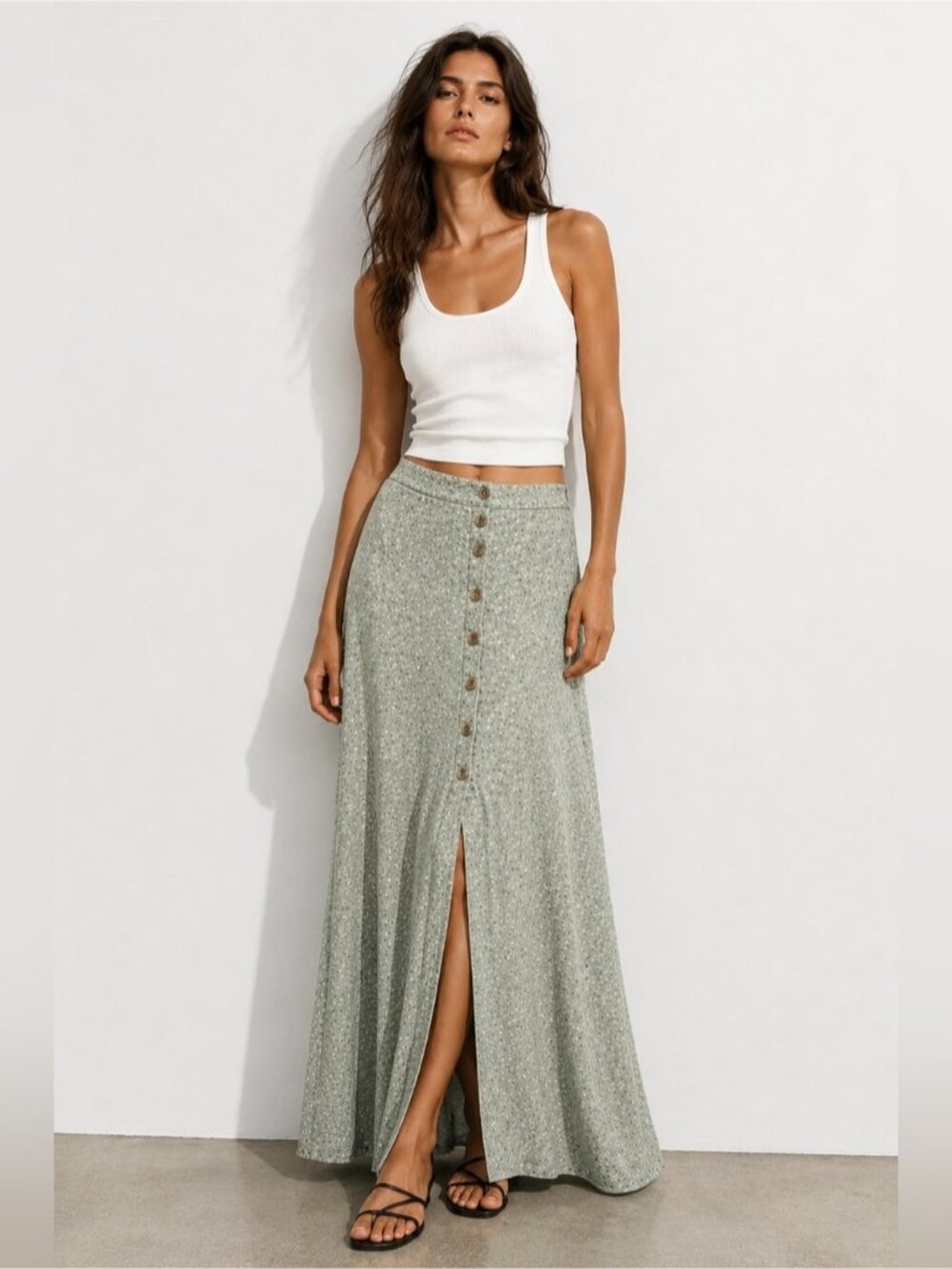 Ardene Sage Green Floral Button Front Maxi Skirt Size S